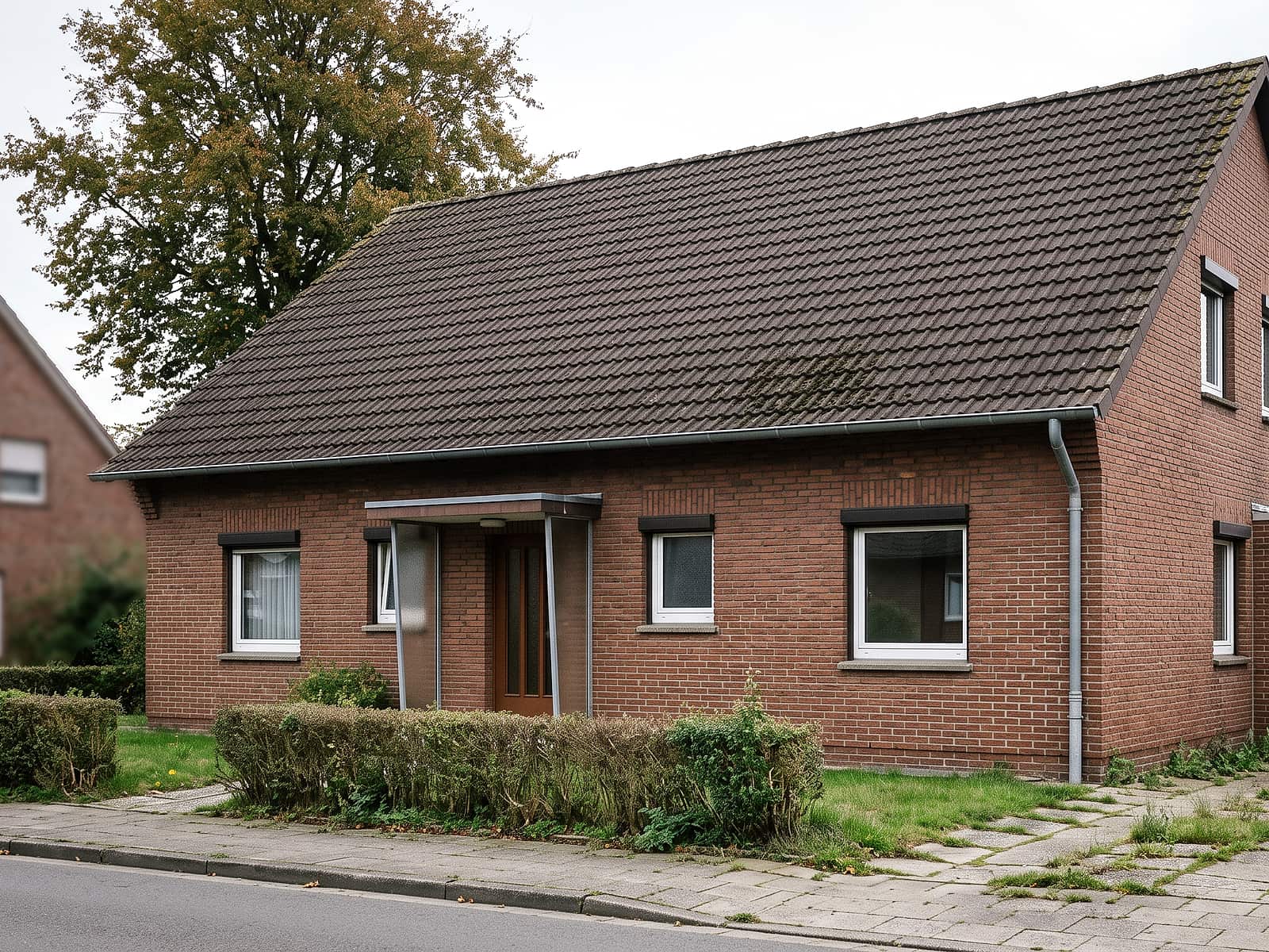 Bestandshaus mit Klinkerfassade und Satteldach, von der Straße aus gesehen