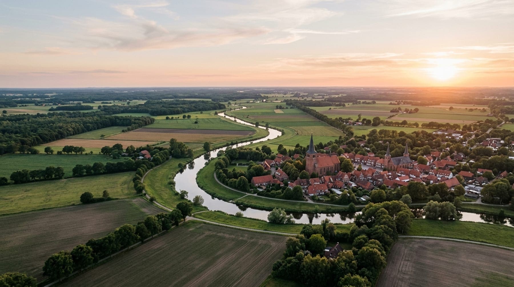 Luftbild einer Flusslandschaft im Emsland mit Ortschaft am Ufer