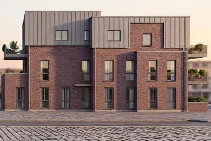 Visualisierung eines Mehrfamilienhauses in Meppen: ein dreigeschossiger Bau aus rotem Klinker mit zurückgesetztem Staffelgeschoss in grauer Metallverkleidung, hohen schmalen Fenstern und begrünten Dachterrassen an beiden Enden